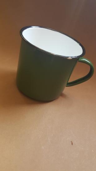 A nice and difficult to find late '30s early '40s standard issued dark green enamel 1 pint mug
