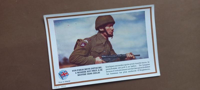 A good wartime British i.e France so called 'propaganda' post card dipicting a British Airborne soldier with his Sten gun